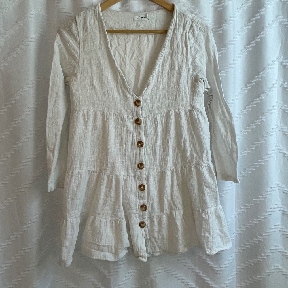 Girl and the Sun White Tiered Cotton Gauze Button Front Mini Dress Small Boho